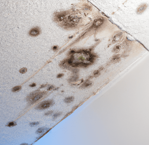 close-up of brown mold on a white ceiling for signs your roof is improperly installed 